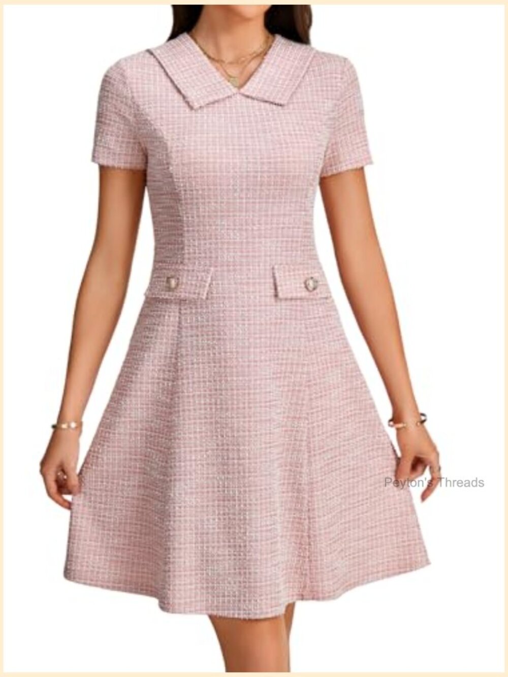 Tweed Collared Short Sleeve Ruffle A-Line Midi Dress - Picture 2 of 6